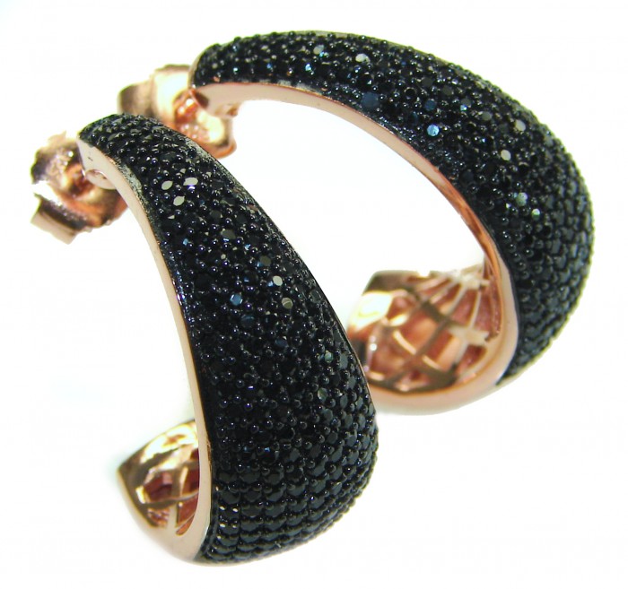 Authentic 6.2 carat Black Diamond 22K Rose Gold over .925 Sterling Silver handcrafted .925 Sterling Silver handcrafted earrings - Black diamond earrings, 22K rose gold, side view close-up.