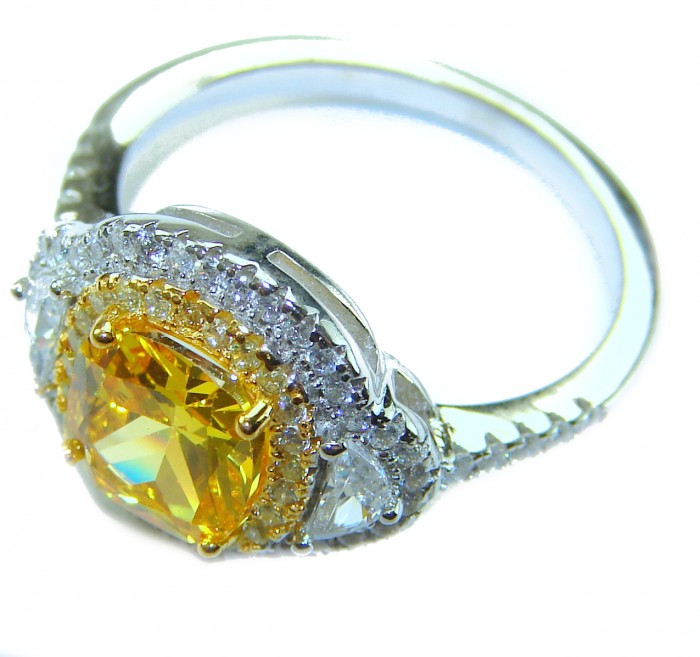 Assher cut 6.2 carat yellow Sapphire .925 Sterling Silver brilliantly handcrafted ring s. 6 1/4 - Close-up of Asscher cut yellow sapphire ring in sterling silver.