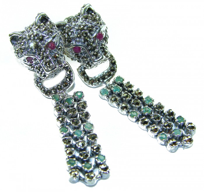 Panthère Ruby Emerald Sapphire Marcasite .925 Sterling Silver earrings - Panther earrings with ruby, emerald, and marcasite detail, top view