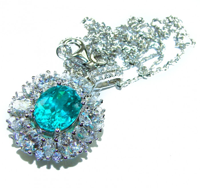 Wonderland 6.8 carat Paraiba Tourmaline .925 Sterling Silver Handcrafted Statement necklace - Paraiba Tourmaline pendant close-up, 6.8 carat, silver setting.