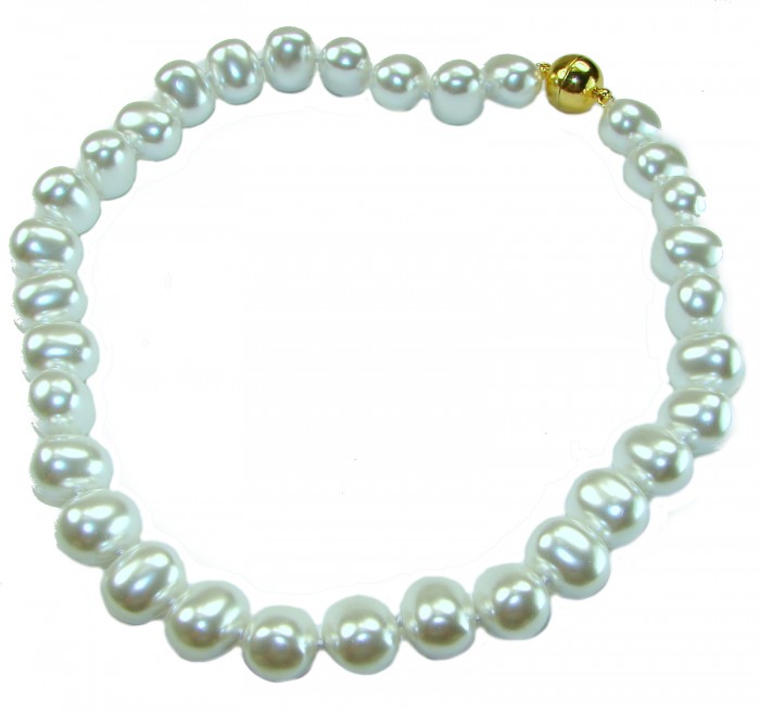 Baroque style 16 inches long Freshwater Pearl 10K Gold over .925 Sterling Silver handmade Necklace - Baroque freshwater pearl necklace with gold clasp, top view.