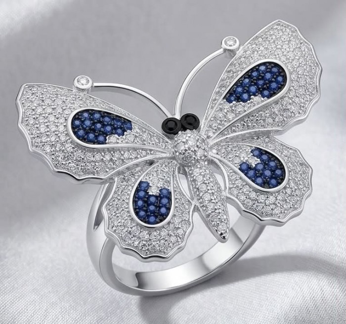 Precious Butterfly Genuine 10.5 carat Sapphire .925 Sterling Silver handmade LARGE Statement Ring size 7 1/2 - Butterfly ring with sapphire and sterling silver, top view.
