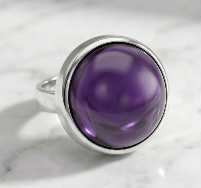 Purple Royalty 20.5 carat Amethyst .925 Sterling Silver Handcrafted Ring size 7 adjustable - Amethyst silver ring stone close-up on marble background.