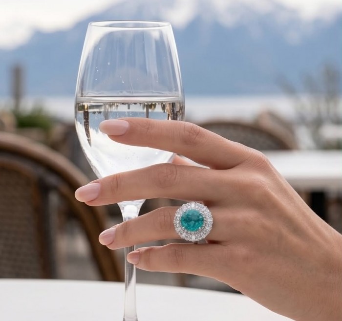 Wonderland 10.5 carat Brazilian Paraiba Tourmaline .925 Sterling Silver Handcrafted Ring size 9 - Worn on hand: 10.5 carat Brazilian Paraiba Tourmaline ring with diamonds.