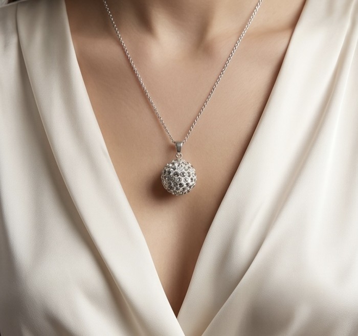 Harmony Sphere with bell inside pave Topaz .925 Sterling Silver handmade pendant - Worn Harmony Sphere necklace with topaz on a person in white blouse。