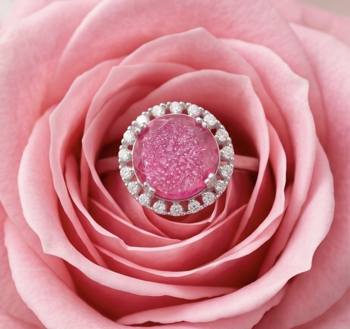 Emily 6.8 carat Brazilian Pink Tourmaline .925 Sterling Silver Handcrafted Statement Ring size 7 - Close-up of pink tourmaline ring on a pink rose background.
