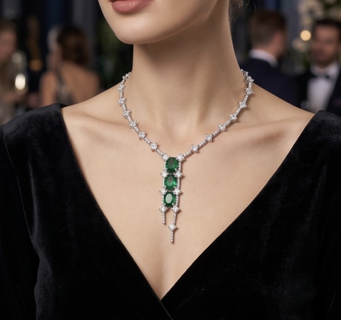 Gabriella 14.2 carat authentic Emerald rhodium over .925 Sterling Silver handcrafted Statement necklace - photo 1