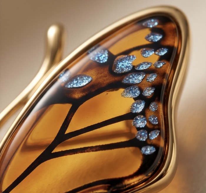 Golden Butterfly Authentic carved Baltic Amber 18K Gold over .925 Sterling Silver handcrafted pendant - Close-up of Baltic amber butterfly detail with gold and blue accents.