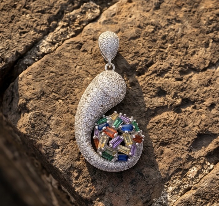 Sofia 14.5 carat Brazilian multicolor Sapphire pave White Topaz .925 Sterling Silver handmade Pendant - Pave sapphire pendant on textured rock, top view close-up.