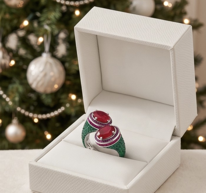 Giovanna Natural 8.6 carat Ruby pave Emerald .925 Sterling Silver dipped rhodium handmade Statement Ring size 6 1/4 - Ruby and emerald ring in open box with Christmas tree background