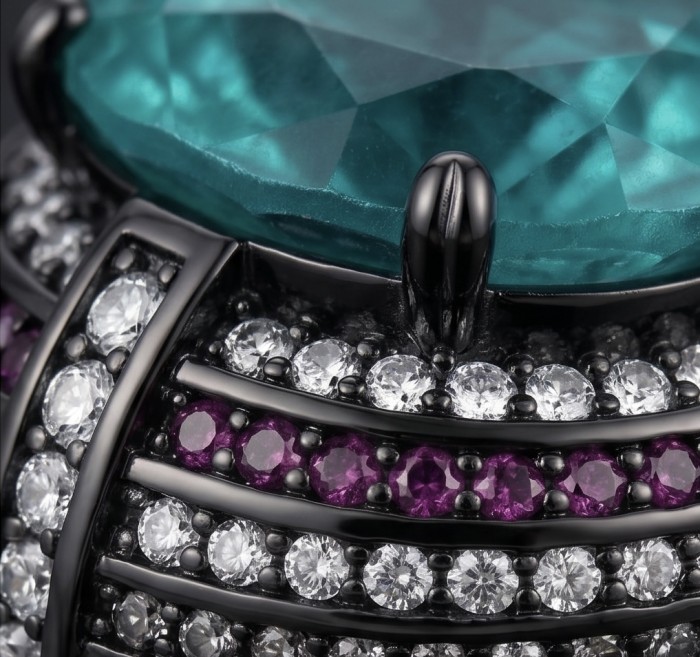 Carmen Authentic 12.4 carat Aquamarine black rhodium .925 Sterling Silver brilliantly handcrafted large Statement Ring size 8 - Close-up of aquamarine ring with black rhodium and gemstone accents.