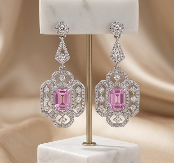 Isabella - Rare 5.9 carat Kunzite .925 Sterling Silver handcrafted Statement earrings - Front view of Isabella earrings with pink Kunzite and detailed silverwork.