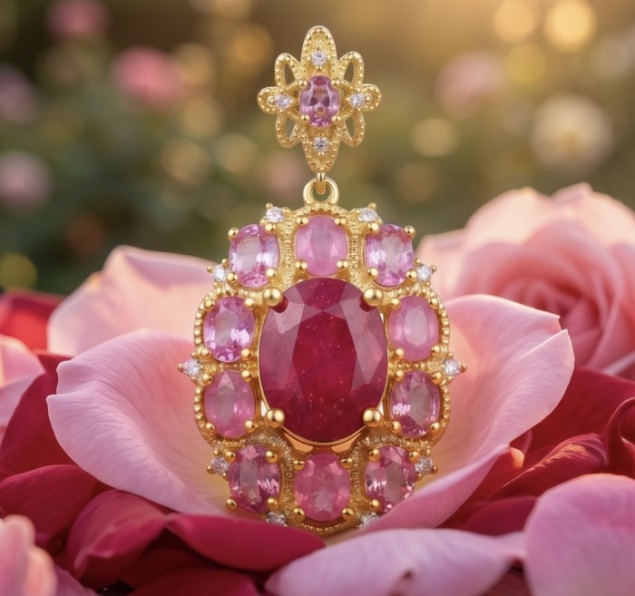 Rare 6.2 carat authentic Kashmir Ruby 18K Gold over .925 Sterling Silver handmade Statement Pendant - Close-up of Kashmir ruby pendant with pink stones on a rose background.