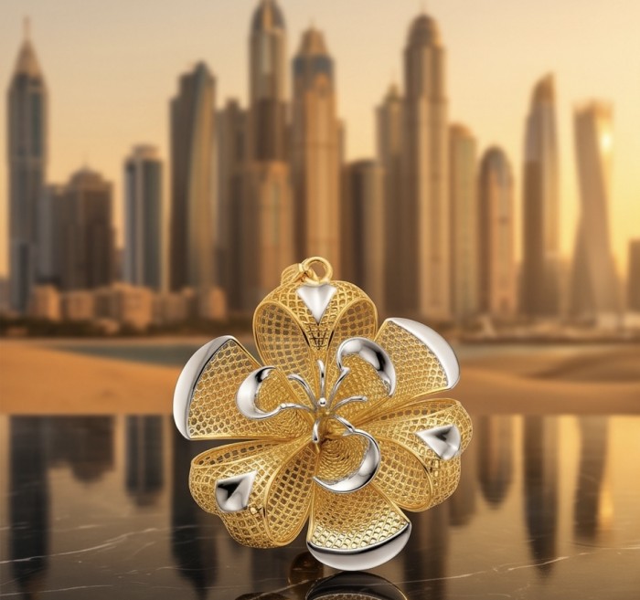 Dubai Style - Golden Rose .925 Sterling Silver dipped in 22K Gold handmade Pendant - Golden rose pendant front view with city skyline background