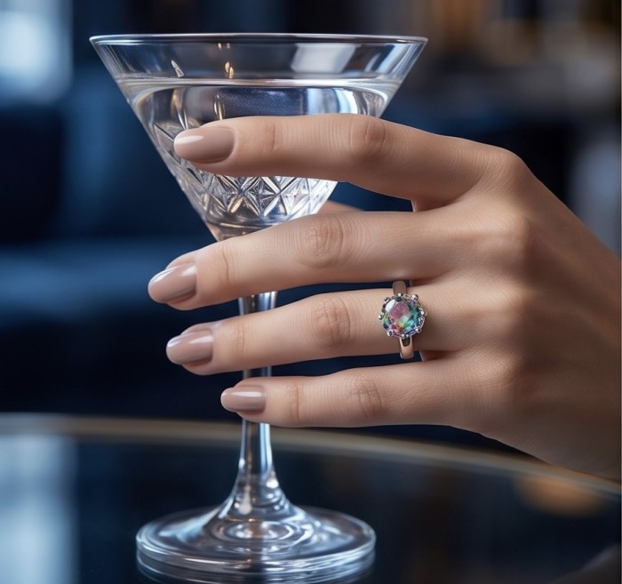 7.8 carat Brazilian Tourmaline .925 Sterling Silver Perfectly handcrafted Ring s. 8 - Hand wearing 7.8 ct Brazilian Tourmaline ring holding a cocktail glass