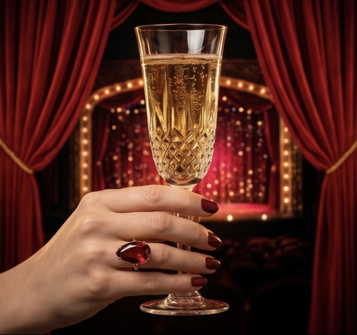Carmen Natural 25.4 carat Ruby .925 Sterling Silver dipped in 22K Gold handmade Large Statement Ring size 6 3/4 - Ruby ring on hand holding champagne glass, theater backdrop.