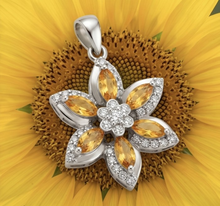 Golden Star 8.5 carat Brazilian Citrine .925 Sterling Silver dipped in Rhodium handmade Pendant - Golden Star citrine pendant on sunflower, front view close-up.