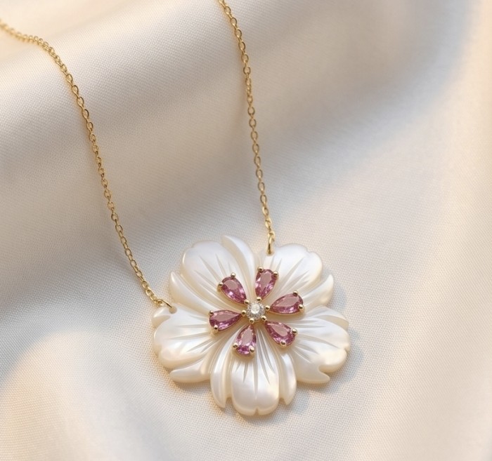 Precious White Flowers Blister Pearl 2.2 carat Kunzite 14K Gold over .925 Sterling Silver Necklace - Close-up of a flower-shaped pendant with pink stones and pearl detailing