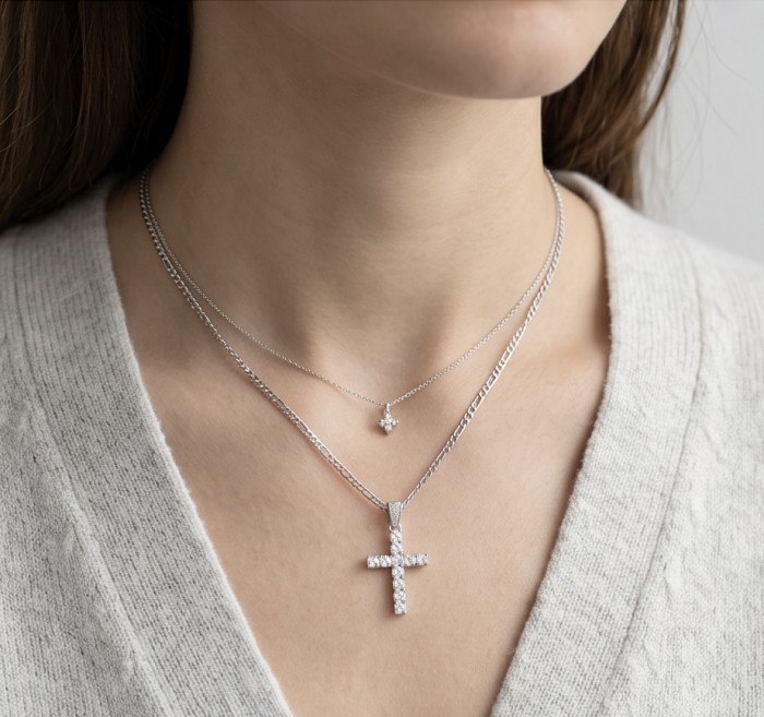 Precious Cross Genuine rhodium over .925 Sterling Silver handmade necklace - Necklaces with cross pendant worn around neck, front view.