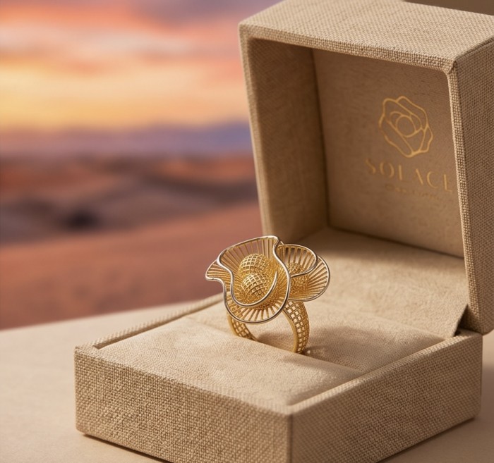 GOLDEN ROSE- Dubai Style - .925 Sterling Silver dipped in 22K Gold handmade Large ring size 7 1/4 - Golden rose ring in open box, front angle, desert sunset background.