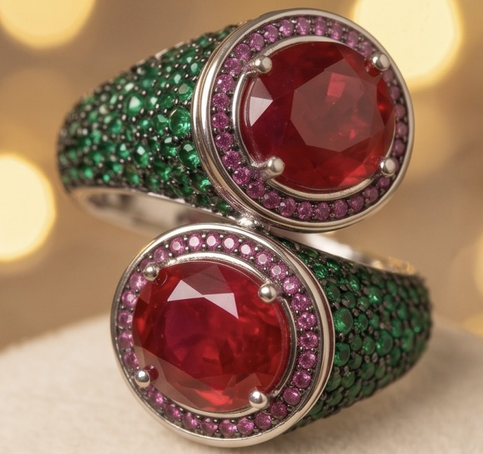 Giovanna Natural 8.6 carat Ruby pave Emerald .925 Sterling Silver dipped rhodium handmade Statement Ring size 8 - Stone close-up of Giovanna Natural 8.6 ct Ruby with emerald pave setting