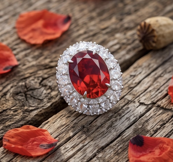 Scarlett 22.7 ctw Mozambique Ruby .925 Sterling Silver dipped in 18K WHITE Gold handcrafted Statement Ring size 5 - Close-up of Scarlett 22.7 ctw Mozambique Ruby ring on wooden surface.