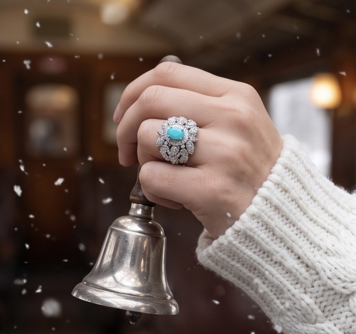 Elizabeth 2.8 carat Colombian Emerald 12.2 carat Moissanite .925 Sterling Silver dipped in Rhodium handcrafted Ring size 9 1/4 - Hand wearing Elizabeth ring with emerald and moissanite, holding a bell.