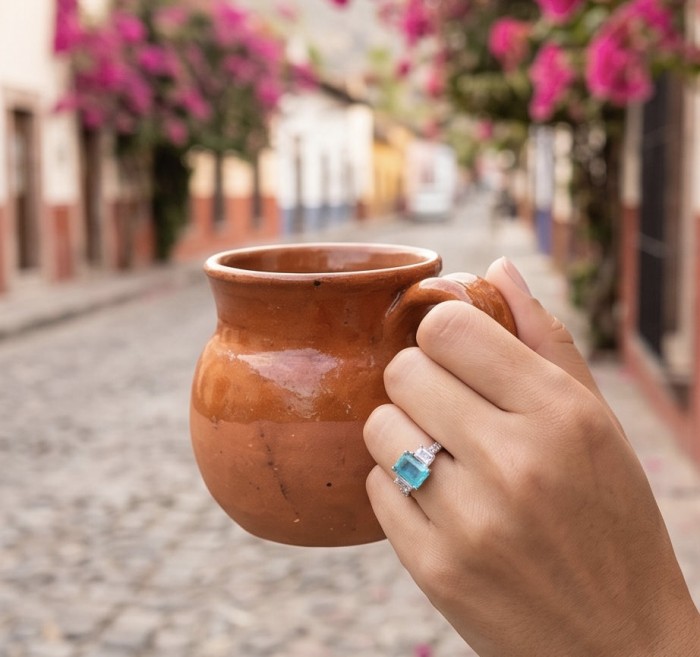 Wonderland 4.9 carat Brazilian Paraiba Tourmaline .925 Sterling Silver Handcrafted Ring size 8 - Hand wearing 4.9 carat Paraiba Tourmaline ring holding brown mug.