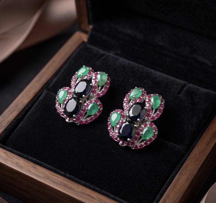 Precious Frogs 22.2 carat natural Sapphire .925 Sterling Silver dipped in rhodium Statement Earrings - Frog-shaped earrings in box, sapphire and emerald close-up.