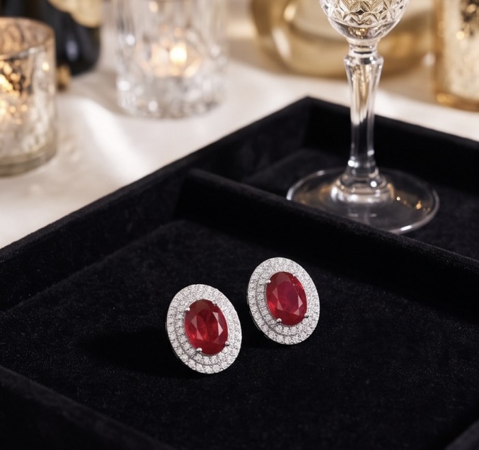 Natural 1.5 carat Mozambique Ruby .925 Sterling Silver Handcrafted Earrings - Pair of Mozambique ruby earrings in display box, angled front view