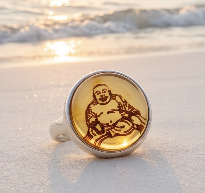 Buddha Authentic carved Baltic Amber .925 Sterling Silver handcrafted ring; s. 7 adjustable - Close-up of Buddha carved amber ring on the beach, front view.