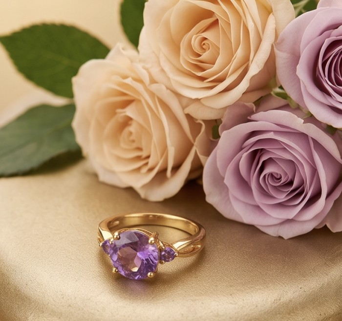 3.8 carat Amethyst 18K Gold over .925 Sterling Silver Handcrafted Ring size 8 - Amethyst ring with roses, top view on gold surface