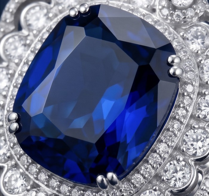Precious Design oval cut 22.9 CARAT Tanzanite rhodium over .925 Sterling Silver Statement Ring s. 6 3/4 - Close-up of oval-cut tanzanite with diamond accents in rhodium setting.