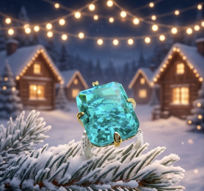 Oceania baquette cut 22.5 carat Paraiba Tourmaline 2 tones .925 Sterling Silver Handcrafted Ring size 8 - Close-up of Oceania baguette cut Paraiba Tourmaline ring in winter setting
