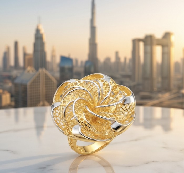 GOLDEN ROSE - Dubai Style - .925 Sterling Silver dipped in 22K Gold handmade Large ring size 7 1/4 - Golden rose ring, Dubai skyline, marble surface, close-up view.