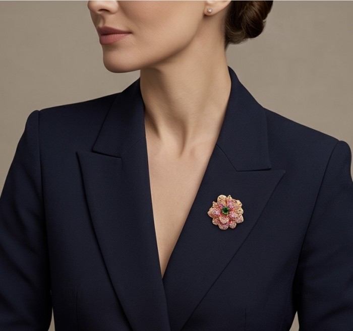Giovanna - Authentic 4.2 carat Emerald .925 Sterling Silver dipped in 22K Rose Gold handcrafted Brooch - Side view, navy suit with Giovanna emerald floral brooch.
