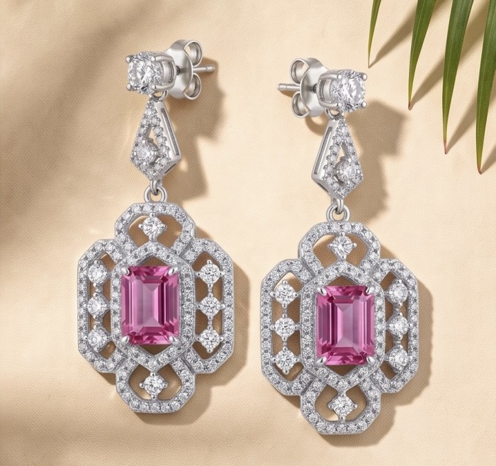 Incredible 4.5 carat Pink Topaz rhodium over .925 Sterling Silver entirely handmade earrings - Elegant pink topaz earrings with intricate diamond detailing, front view.