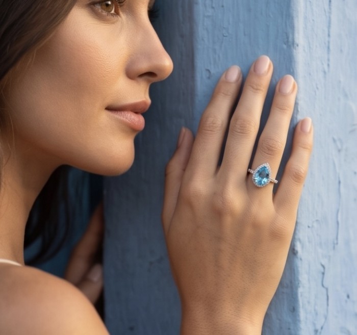 Ocean's Drop 6.8 carat genuine Swiss Blue Topaz .925 Sterling Silver handcrafted ring size 8 - Woman's hand displaying Ocean's Drop Blue Topaz ring, side view.
