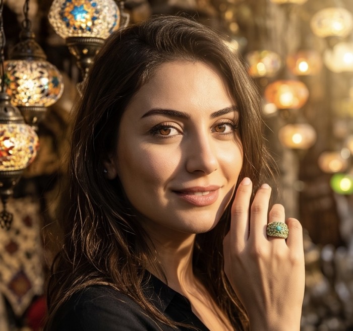 Giovanna- Authentic 2.5 CARAT natural Colombian Emerald 6.2 carat Peridot .925 Sterling Silver dipped in Rhodium handcrafted Ring size 7 - Emerald ring worn on hand, woman posing in a vibrant market setting.