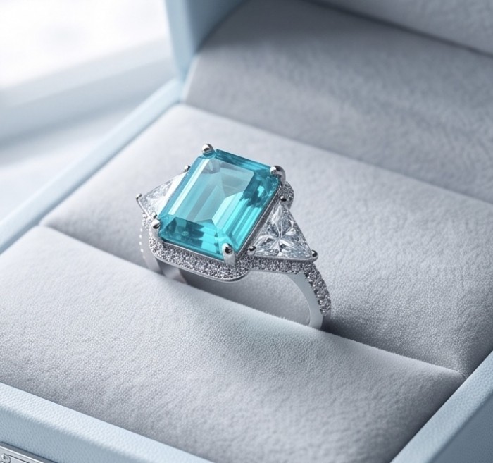 Elizabeth 11.7 carat Colombian Emerald .925 Sterling Silver dipped in Rhodium handcrafted Ring size 7 3/4 - Side view of Elizabeth 11.7 ct Colombian Emerald ring in sterling silver.