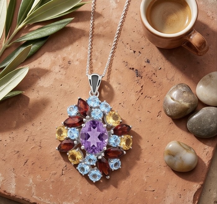 Natural 19.6 carat Fancy cut Amethyst rhodium over .925 Sterling Silver handmade pendant - Amethyst pendant on table with espresso and pebbles, top view.