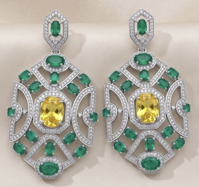 Art Deco - 8.8 carat Citrine Chrome Diopside .925 Sterling Silver handmade Statement LONG Earrings - Art Deco earrings with citrine and diopside, front view on fabric.