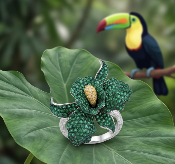 Precious Orchid Bloosom Genuine pave 18.5 carat Emerald .925 Sterling Silver handmade LARGE Statement Ring size 7 - Orchid ring on leaf with emerald stones and toucan in background.