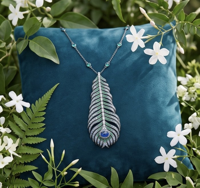Precious Magic Feather 4.2 carat Sapphire 2.8 carata pave Emerald .925 Sterling Silver dipped in black rhodium Statement Necklace - Feather-shaped necklace on teal cushion with floral background