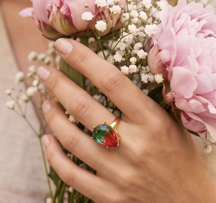 8.8 carat Brazilian Tourmaline .925 Sterling Silver dipped in 18K Gold Perfectly handcrafted Ring s. 9 adjustable - Tourmaline ring worn on hand holding pink flowers, close-up angle.