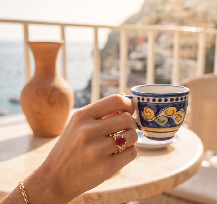 Bella Rosa Genuine 8.5 CARAT Star Ruby 22K Gold over .925 Sterling Silver Statement Ring size 9 - Worn on hand, Bella Rosa Star Ruby 22K Gold ring with patterned mug