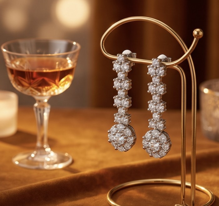 Romantica - Precious Natural 2.7 carat White Topaz .925 Sterling Silver handmade Statement earrings - Elegant drop earrings on display with a glass of wine in the background.