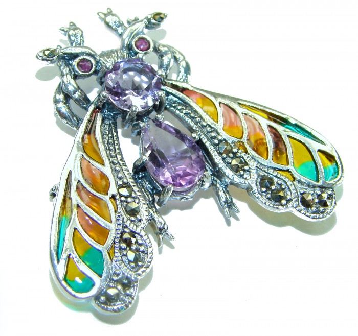 Precious Bee genuine Amethyst Enamel .925 Sterling Silver handmade Pendant - Brooch - photo 3