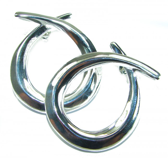 Large 1 5/8 inches long highly polished .925 Sterling Silver Italy made Earrings - Front view of highly polished .925 Sterling Silver earrings, 1 5/8 inches long