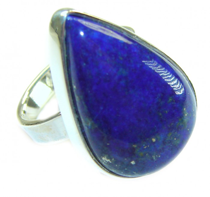 Natural 20.8 carat Lapis Lazuli .925 Sterling Silver handcrafted ring size 7 adjustable - Close-up of pear-shaped Lapis Lazuli ring in .925 Sterling Silver